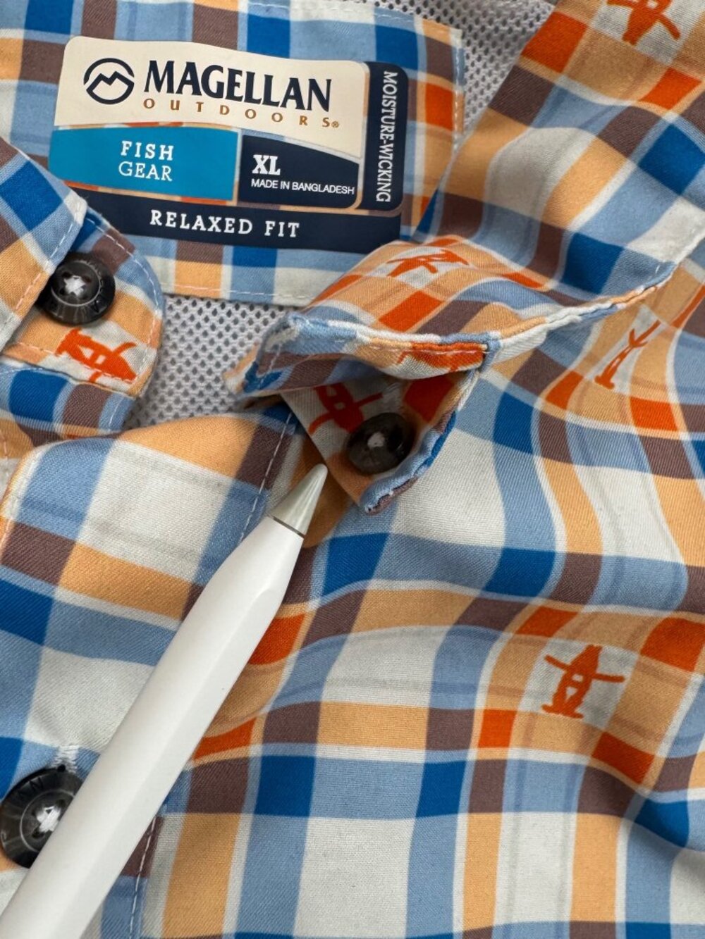 Magellan Outdoors Vented Fishing Shirt Houston Rodeo Orange Blue Plaid XL - Picture 10 of 15
